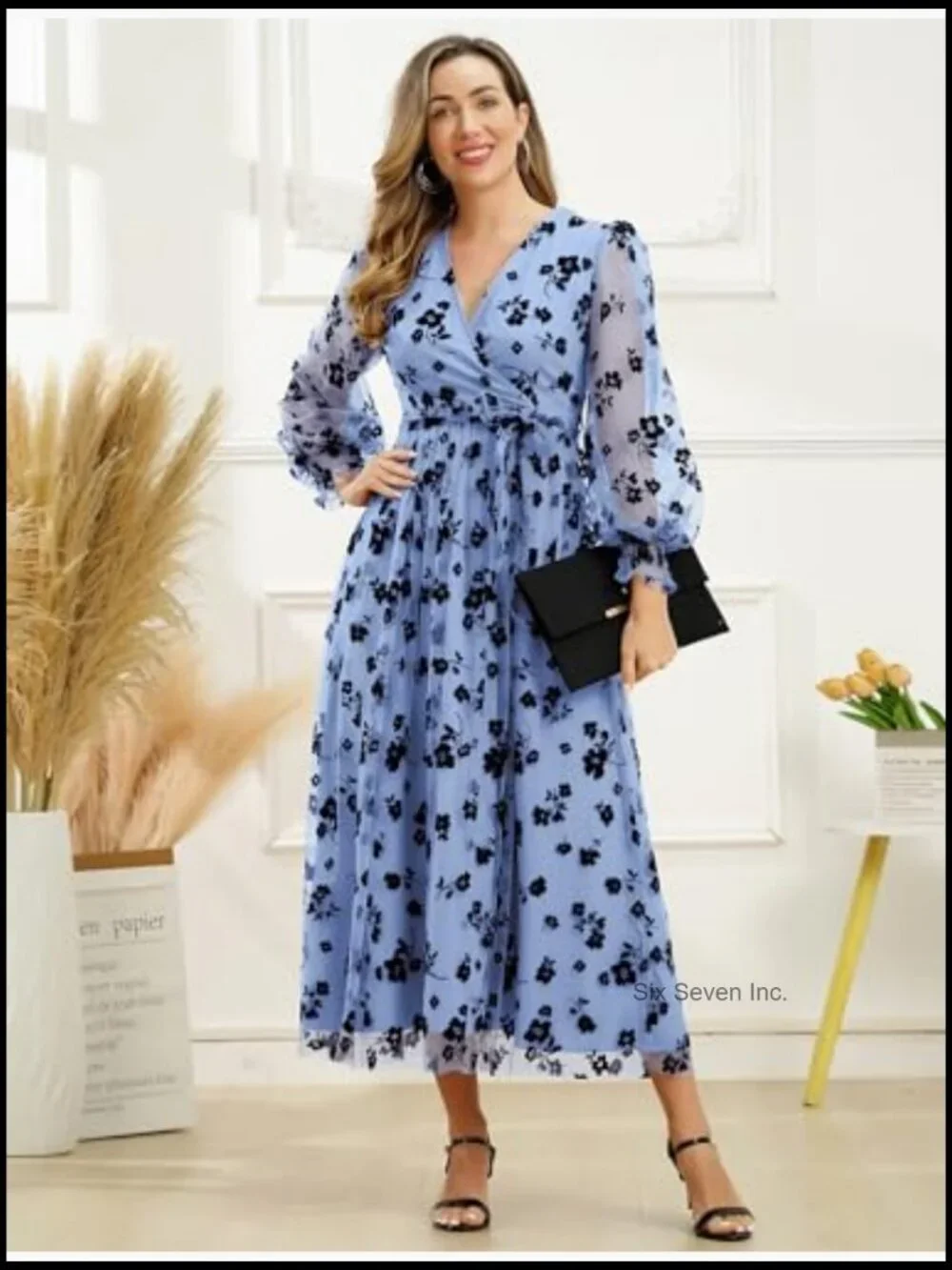 Floral Embroidered Tulle Maxi Dress with Puff Sleeves for Formal Occasions - Picture 3 of 6